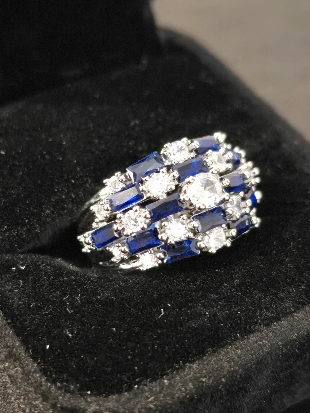 Vintage Deco Size 7 Sapphire Blue Baguette Ring Silver Tone Cocktail Statement